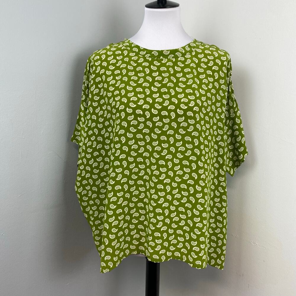 Attic and Barn Green Paisley Silk Oversized Dolmen Sleeve Blouse Size 48 Large
